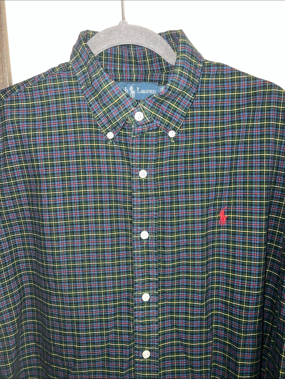 Ralph Lauren Green & Blue Plaid Button-Down Shirt with Red Pony